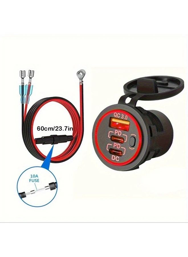 شاحن سيارة سريع 60 واط ضوء أخضر مع منفذ USB C PD ومنفذي QC3.0 مزدوجين، مفتاح لمس، هيكل ألومنيوم، يشمل كابل وصمام حماية. - Image 5